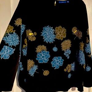 Womens black floral print (blue, beige), long lantern sleeve blouse.